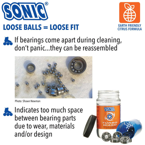 Complete Pro Grade Skate Bearing Cleaning Kit With 8 Oz Citrus Cleaner featuring Sonic Turbo Wash and loose bearings illustration