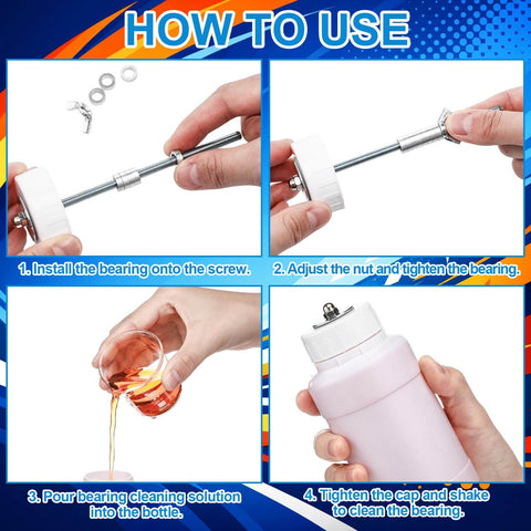 All In One Skate Bearing Cleaning Kit With Bearing Puller And Press Tool Plus Cleaning Bottle usage steps illustrated