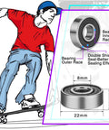Illustration of 30-Pack 608RS Sealed Ball Bearings with skateboarder, showing dimensions and double rubber shield for sealing