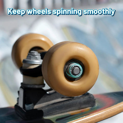 Close-up of skateboard wheel with 50 Pcs Skate Spacer Set Aluminum Wheel Bearing Spacers and Speed Rings, improving performance.