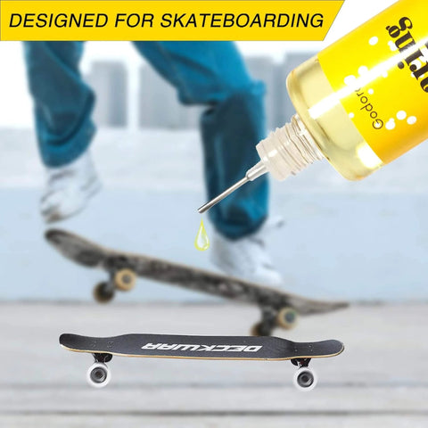 Premium 1 Ounce Skateboard Bearing Lubricant with precision needle applicator shown with skateboard and skater in the background