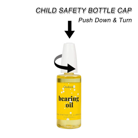 Premium 1 Ounce Skateboard Bearing Lubricant High Grade Bearing Oil with child safety cap, showing twist instructions