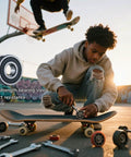 Teen installing 608 Ball Bearing Set for Skateboard 20 Pcs 8x22x7mm 2RS Double Rubber Sealed Bearings on skateboard at skatepark.