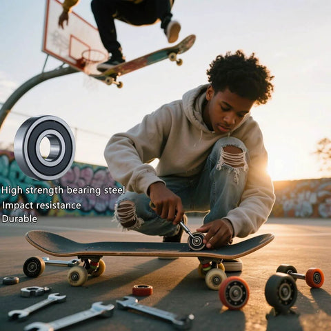 Teen installing 608 Ball Bearing Set for Skateboard 20 Pcs 8x22x7mm 2RS Double Rubber Sealed Bearings on skateboard at skatepark.