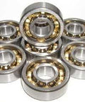 Close-up of 8 Skateboard Open Smooth Ball Bearing Fancy Bronze Cage highlighting chrome steel and bronze cage features.