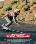 Skateboarder demonstrating Race Oil Bearing Lube For Skateboards Longboard Bearings Inline Skates High Speed Friction Reducing Lubricant