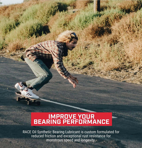 Skateboarder demonstrating Race Oil Bearing Lube For Skateboards Longboard Bearings Inline Skates High Speed Friction Reducing Lubricant