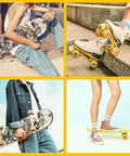 People using skateboards and roller skates in urban and outdoor settings, promoting Premium 1 Ounce Skateboard Bearing Lubricant High Grade Bearing Oil For Longboards Scooters And Roller Skates Ultra Smooth Lube With Precision Needle Applicator Low Viscosity 1 To 2 Drops Per Bearing.