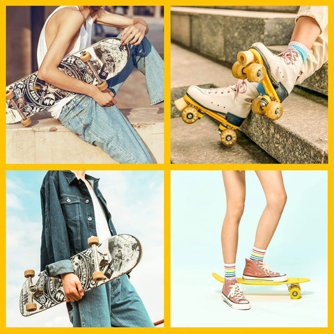People using skateboards and roller skates in urban and outdoor settings, promoting Premium 1 Ounce Skateboard Bearing Lubricant High Grade Bearing Oil For Longboards Scooters And Roller Skates Ultra Smooth Lube With Precision Needle Applicator Low Viscosity 1 To 2 Drops Per Bearing.