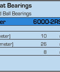 Diagram of SKF 6000-2RS Rubber Sealed Ball Bearing 10x26x8 mm with dimensions and specifications shown.