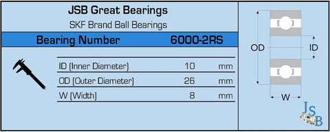 Diagram of SKF 6000-2RS Rubber Sealed Ball Bearing 10x26x8 mm with dimensions and specifications shown.