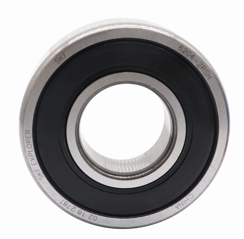 Front view of SKF 6204 2RSH C3 Deep Groove Ball Bearing 20x47x14mm, showing metal exterior and inner circle, pre-greased design.