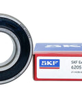 SKF 6205 2RSH C3 double rubber seal bearing next to branded box, showing 25x52x15mm size for industrial machinery use