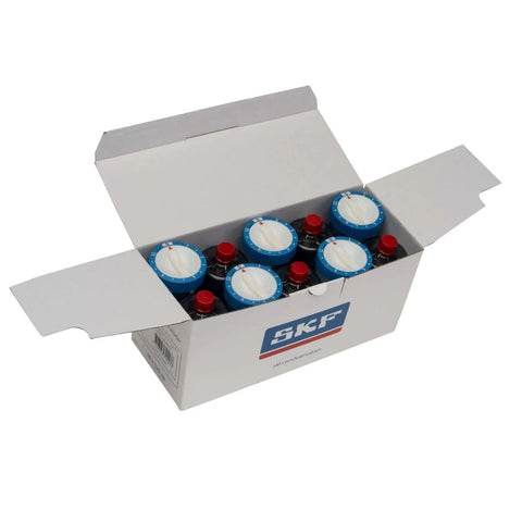Open box of SKF LAGD 125 EM2 System 24 Automatic Grease Lubricators for limited space and hazardous locations, 125 mL reservoirs.
