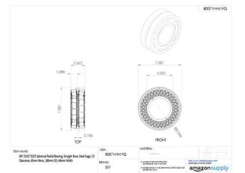 Technical drawing of SKF 21307 CC/C3 Spherical Radial Bearing with Straight Bore and Steel Cage, 35mm Bore, 80mm OD, 21mm Width
