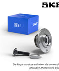 SKF VKBA 6649 Wheel Bearing Kit with box, bearing unit, bolt, and seal displayed