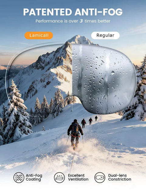 Ski Goggles With Ultra HD Lens For Clear Vision And UV Protection OTG Anti Fog highlighting anti-fog performance on snowy slope