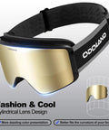 Ski Goggles with Detachable Lens Interchangeable Anti Fog UV Helmet Compatible, gold lens and black strap.