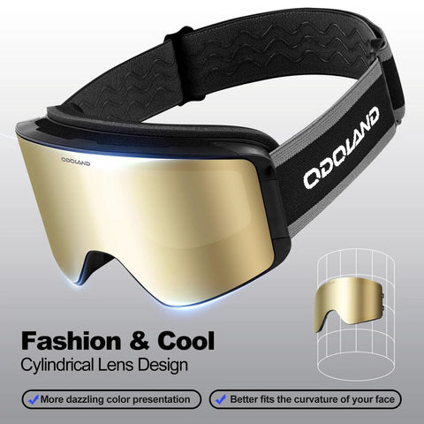 Ski Goggles with Detachable Lens Interchangeable Anti Fog UV Helmet Compatible, gold lens and black strap.