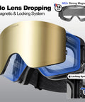 Close-up of Ski Goggles Detachable Lens Interchangeable Anti Fog UV Helmet Compatible showcasing magnetic locking system.