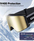 Ski Goggles Detachable Lens Interchangeable Anti Fog UV Helmet Compatible against mountain backdrop with UV400 protection.