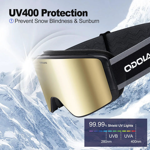 Ski Goggles Detachable Lens Interchangeable Anti Fog UV Helmet Compatible against mountain backdrop with UV400 protection.