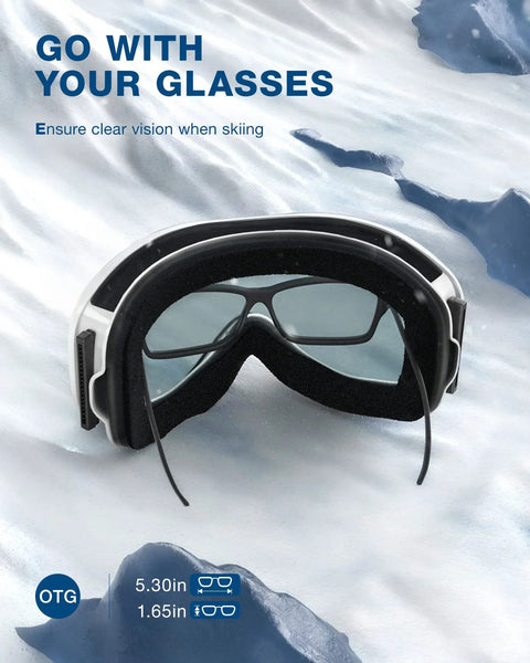 Lagopus Ski Snowboard Goggles UV Protection Anti Fog For Men Women Youth with glasses compatibility shown on snowy background