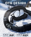 Ski Goggles With Ultra HD Lens For Clear Vision And UV Protection OTG Anti Fog, shown with OTG design over prescription glasses.