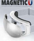 Ski Goggles OTG For Men And Women Interchangeable Magnetic Lenses UV Protection shown in a white color with a grey strap.