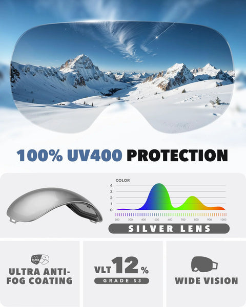 Ski Goggles OTG For Men And Women Interchangeable Magnetic Lenses UV Protection, silver lens with wide vision and anti-fog features