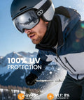 Ski Goggles With Ultra HD Lens For Clear Vision And UV Protection OTG Anti Fog worn by skier in snowy mountains, helmet visible.
