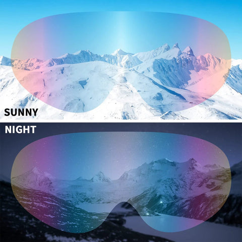 Lens view of 2 Pack Ski Goggles For Men Women Kids UV Protection Foam Anti Scratch Dustproof, showing day and night vision.