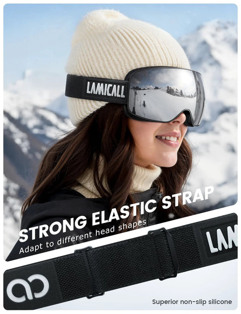 Woman wearing Ski Goggles With Ultra HD Lens For Clear Vision And UV Protection OTG Anti Fog featuring elastic strap
