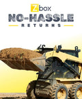 Front view of a skid steer loader lifting a bucket of soil, promoting Zbox no-hassle returns policy.