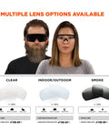 Two people wearing Skullerz Aegir Safety Glasses With Oversized Blade Style And UV Protection, showing lens options: clear, indoor/outdoor, smoke.
