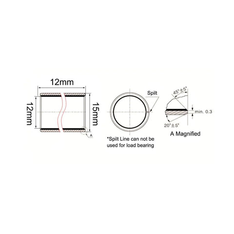 Technical drawing of Sleeve Bearing 12mm Bore 15mm OD 12mm Length Oilless Bronze Sintered Coated Plain Bearings Pack Of 5