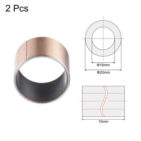 Sleeve Bearing 18mm Bore 20mm OD 15mm Length Oilless Wrapped Bushings 2pcs Carbon Steel Core Bronze Sintered Coating