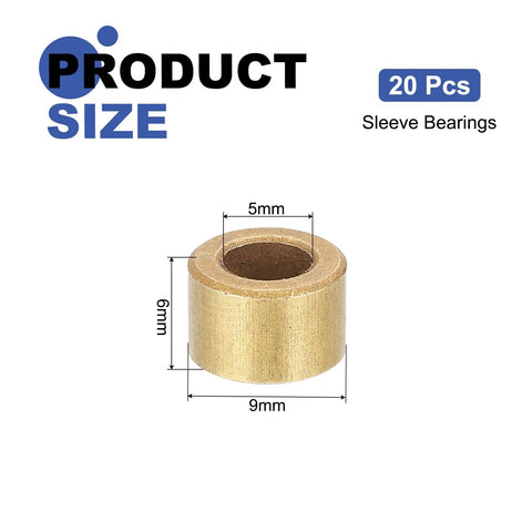 Image of 20 Pcs Sleeve Bearings With 5mm Bore, 9mm OD, 6mm Length, Self Lubricating Sintered Bronze Bushings For Low Friction High Temperature Applications