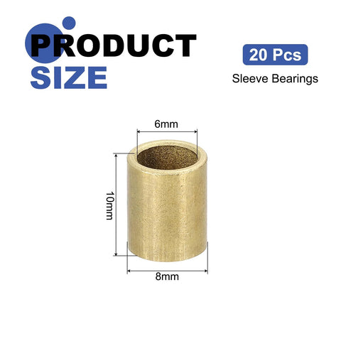 20 Pieces Sleeve Bearings 6mm Bore, 8mm OD, 10mm Length Self-Lubricating Sintered Bronze Bushings product size illustration