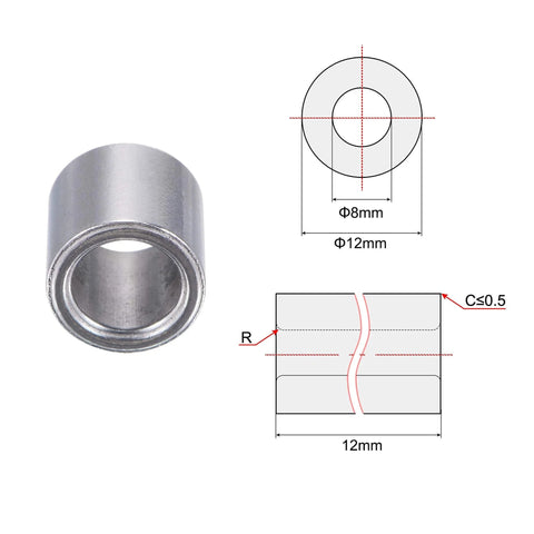 Go-To Heavy Duty Self-Lubricating Sleeve Bearings 8mm Bore, 12mm OD, 12mm Length, Sintered Iron Bushings, schematic view