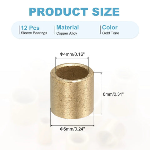 Sleeve Bearings 4Mm Bore 6Mm OD 8Mm Length Self Lubricating Cast Brass Bushing for sliding shafts shown in gold tone.