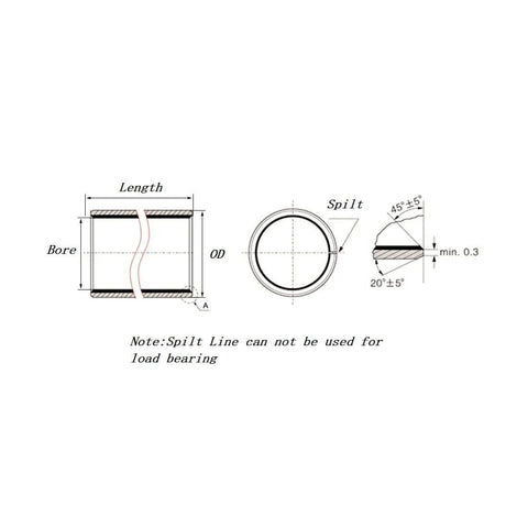 Technical diagram of 10 Pcs Sleeve Bearing 5mm Bore 7mm OD 8mm Length Oilless Wrapped Bronze Sintered Bushing, showing dimensions and split line.