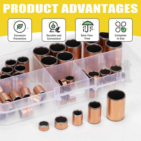 50 Pcs Sleeve Bearings Assortment Kit In 5 Sizes Bore X OD X Length 6x8x4mm 6x8x10mm 8x10x6mm 8x10x15mm 12x14x20mm displayed in box