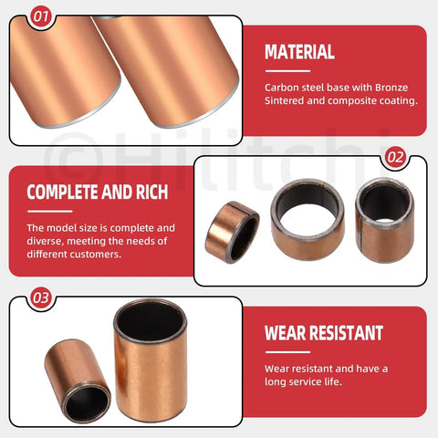 Material details of 50 Pack Sleeve Bearings Set Five Sizes Oil Free Self Lubricating Sintered Bronze Bushings For Machine Shaft Use.