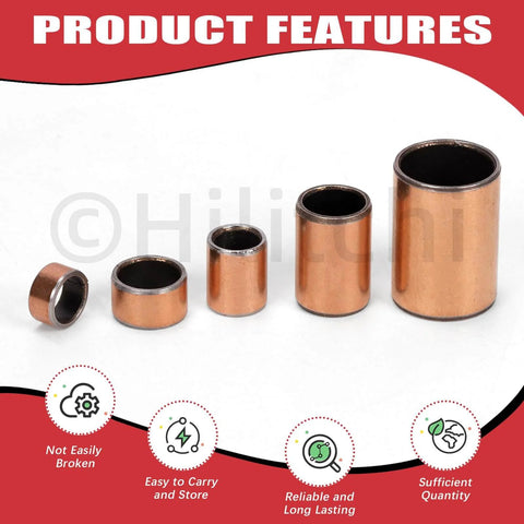 50 Pack Sleeve Bearings Set Five Sizes Oil Free Self Lubricating Sintered Bronze Bushings displayed in a row