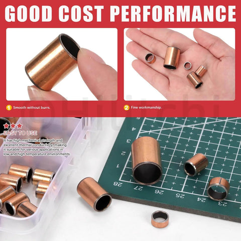 50 Pack Sleeve Bearings Set Five Sizes Oil Free Self Lubricating Sintered Bronze Bushings in use and stored in box