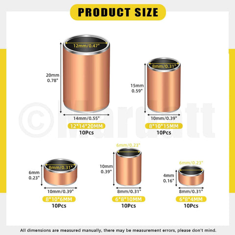 Diagram showing 50 Pcs Sleeve Bearings Assortment Kit in 5 sizes: 6x8x4mm, 6x8x10mm, 8x10x6mm, 8x10x15mm, 12x14x20mm.