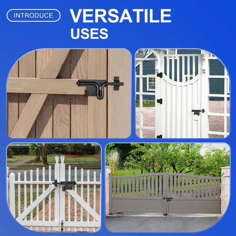 Slide Bolt Gate Latch with Padlock Hole on various wooden and vinyl doors, showcasing versatile outdoor installation uses.