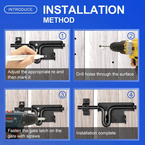 Installation steps for Slide Bolt Gate Latch with Padlock Hole on wooden fence, showing drilling and fastening process.
