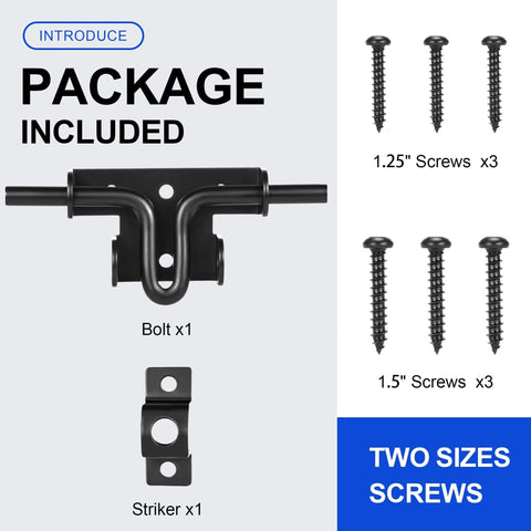 Slide Bolt Gate Latch with Padlock Hole, Heavy Duty Fence Slide Latches Outdoor Doors, wood, vinyl, shed, package components shown